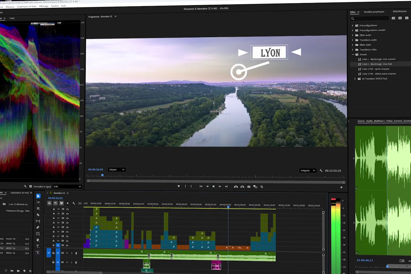 Le banc de montage du film : moniteur, scopes d’étalonnage et timeline